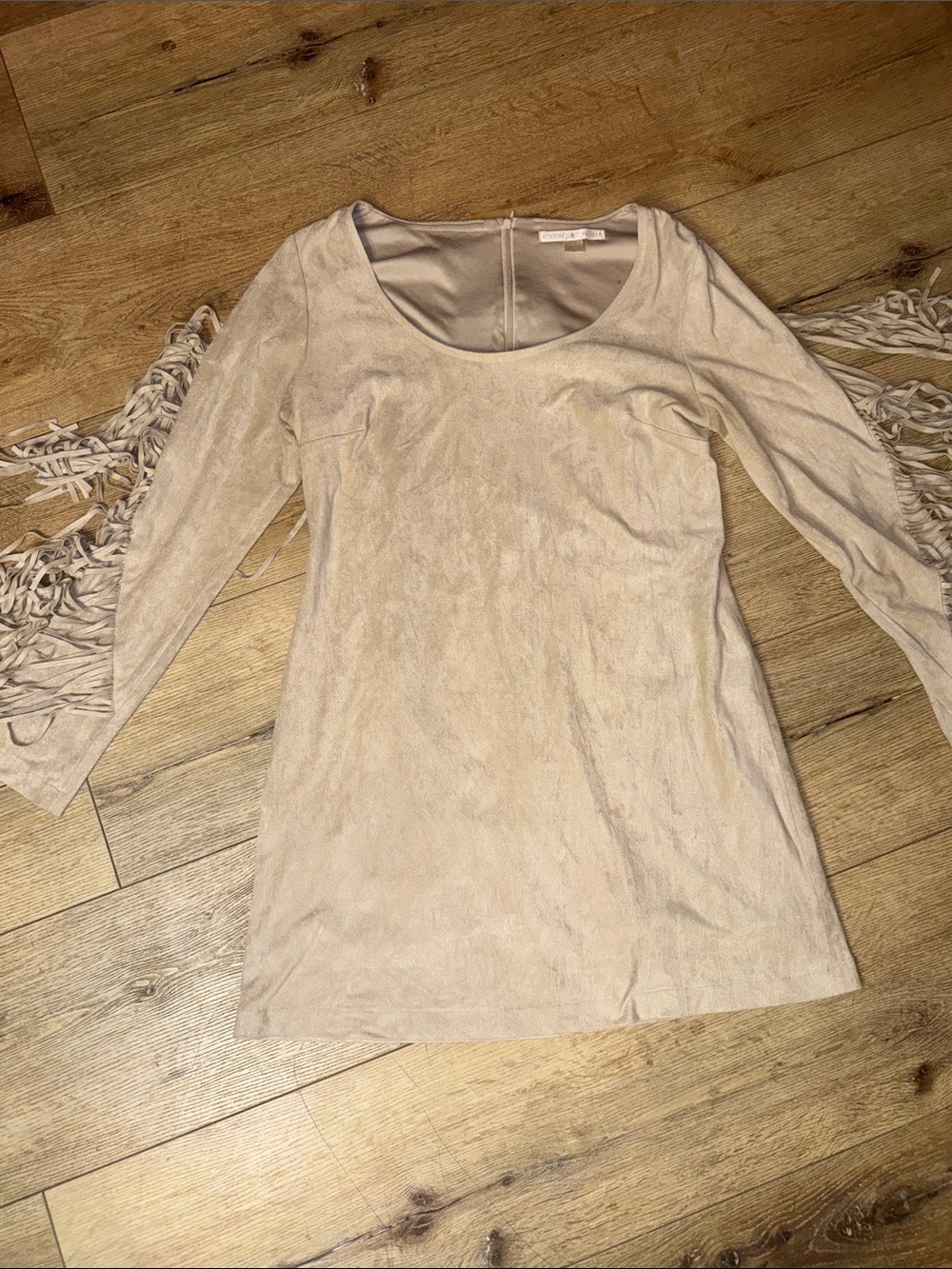 Boston Proper Suede-Feel Long Sleeve Fringe Scoop Neck Dress Light Beige western